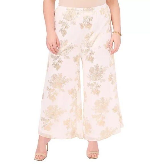 MSK Pants - MSK Women's Plus Size Printed Chiffon Pull-On Palazzo Pants Ivory Gold 2X
